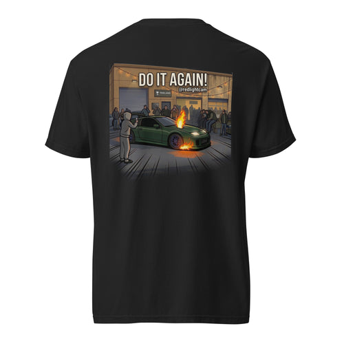 redlightcam Do It Again shirt in black, back print of a green Nissan 300ZX throwing flames on a two-step at a Charleston car meet