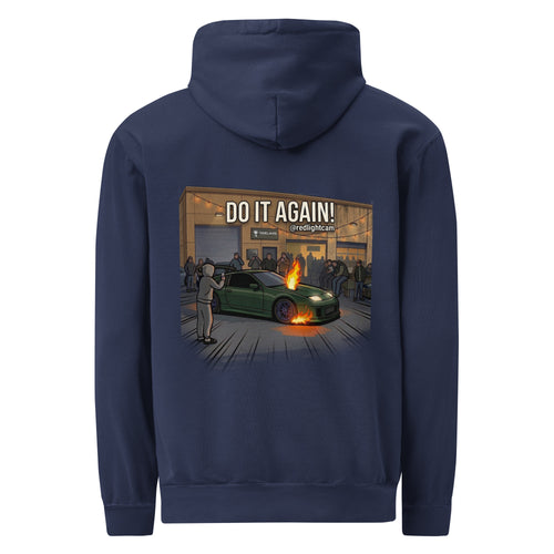 redlightcam Do It Again hoodie in true navy, back print of a 300ZX two-step at Hops and Horsepower, Tideland Brewing